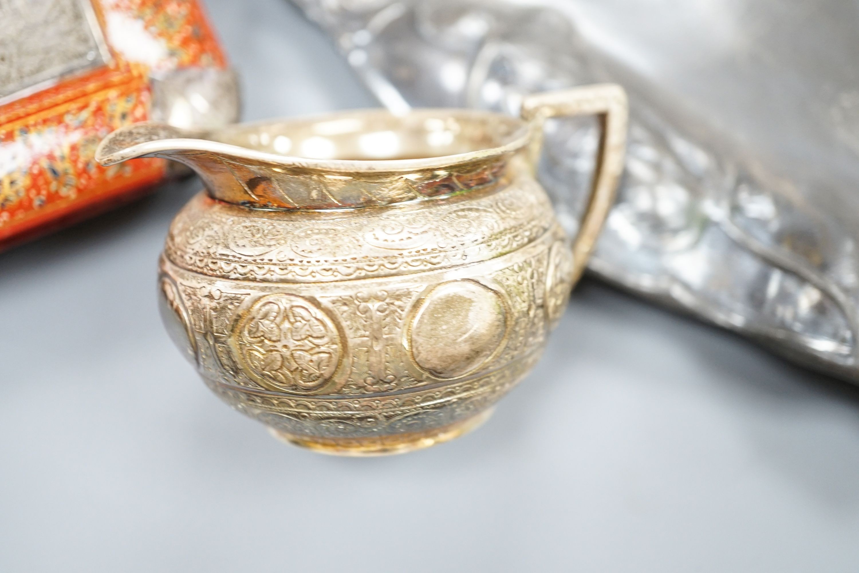 A WMF dish, Islamic white metal mounted photo album and a plated teapot and jug